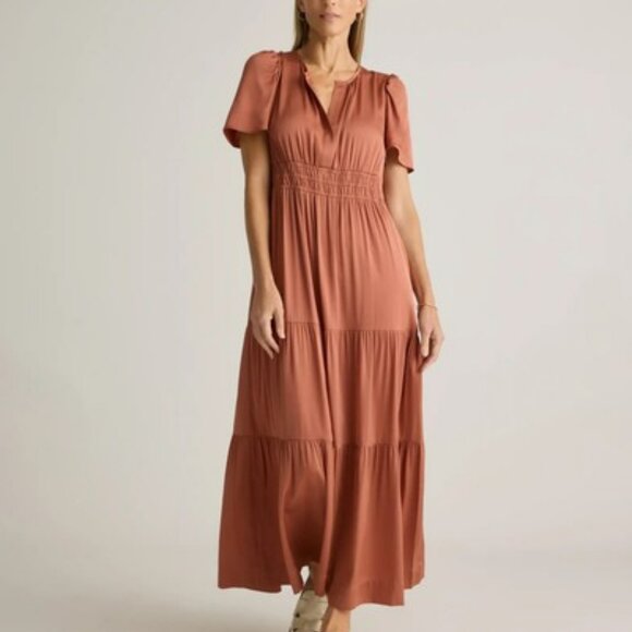 Quince Silk Tiered Maxi Dress Medium Powder Rose Copper - Picture 4 of 4